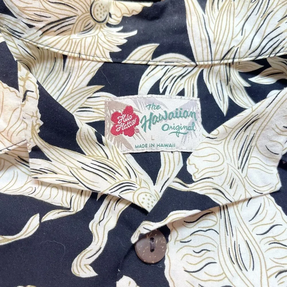 Hilo Hattie Men’s Hawaiian Tiki Shirt Pineapple Black Cream Gold Sz Large